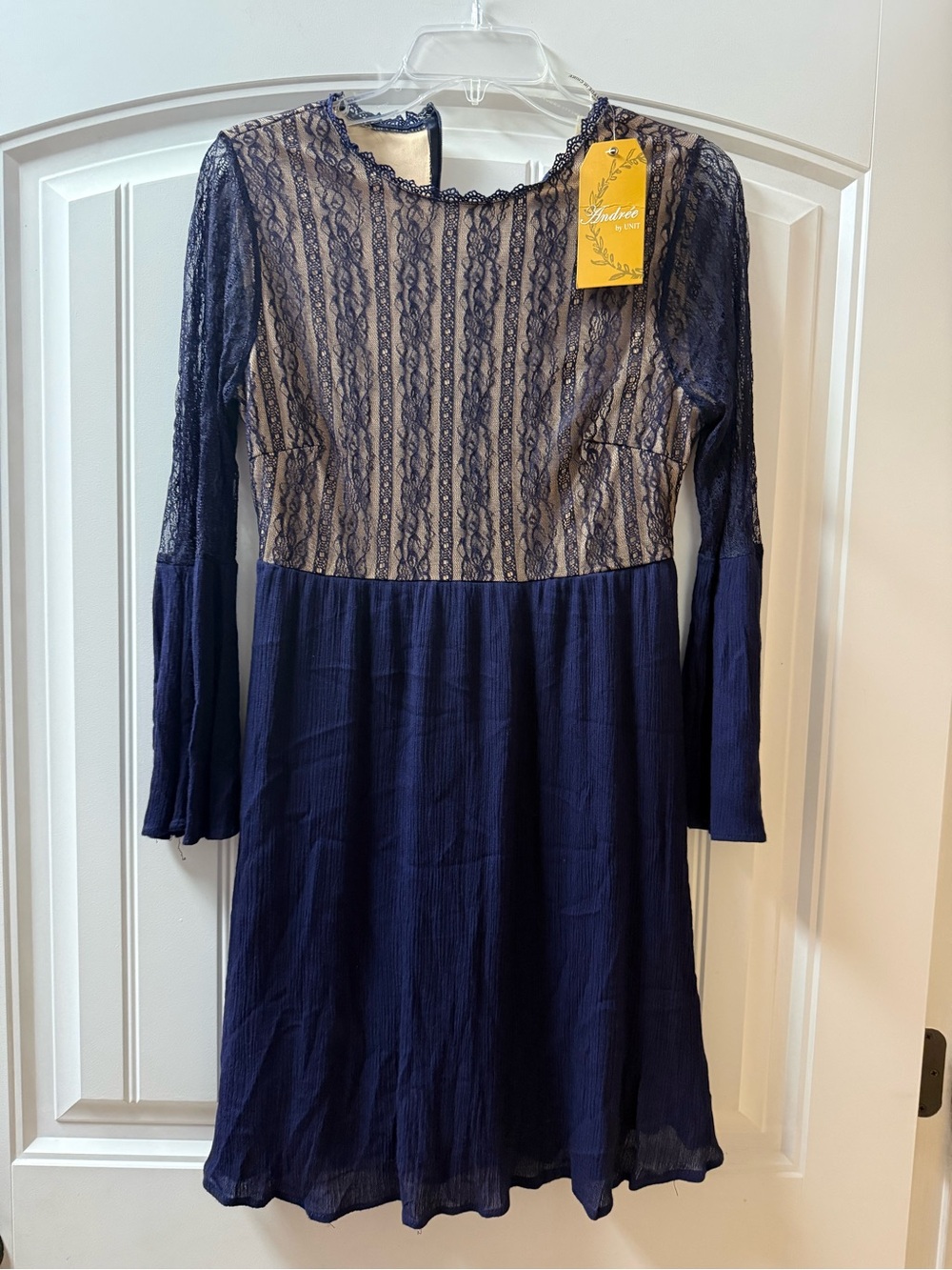 ANDREE BY UNIT Navy Lace Bodice Long Sleeve Dress